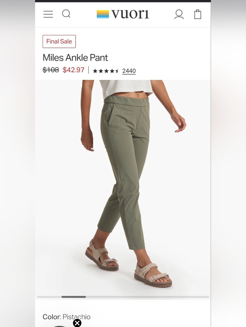 Vuori Miles Ankle Pant — Pistachio Green